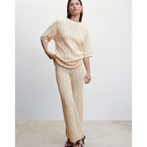 MNG NWT Knitted Oversize Short Sleeve Sweater & Palazzo Pants Set Cream Cozy XXL - Picture 1 of 4